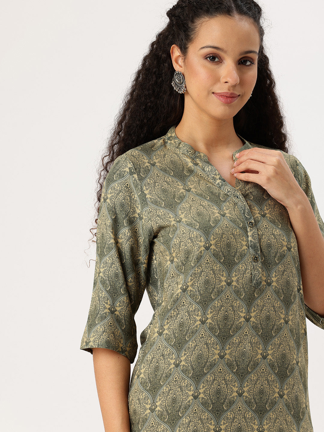 Grey Ethnic Motifs Printed Mandarin Collar Straight Kurta