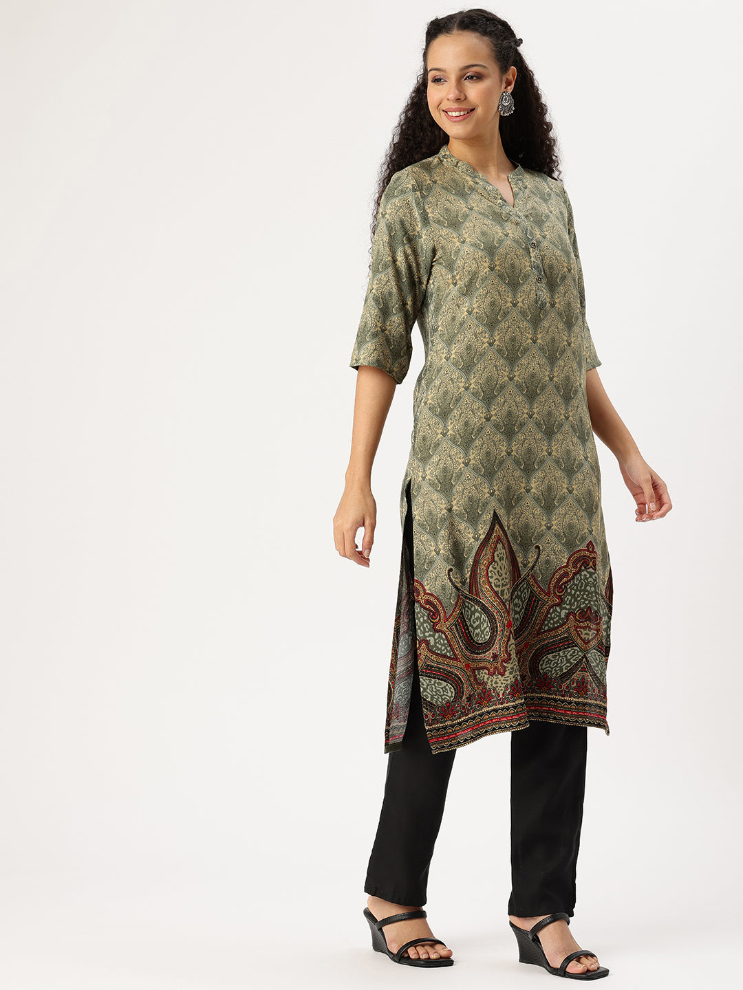 Grey Ethnic Motifs Printed Mandarin Collar Straight Kurta