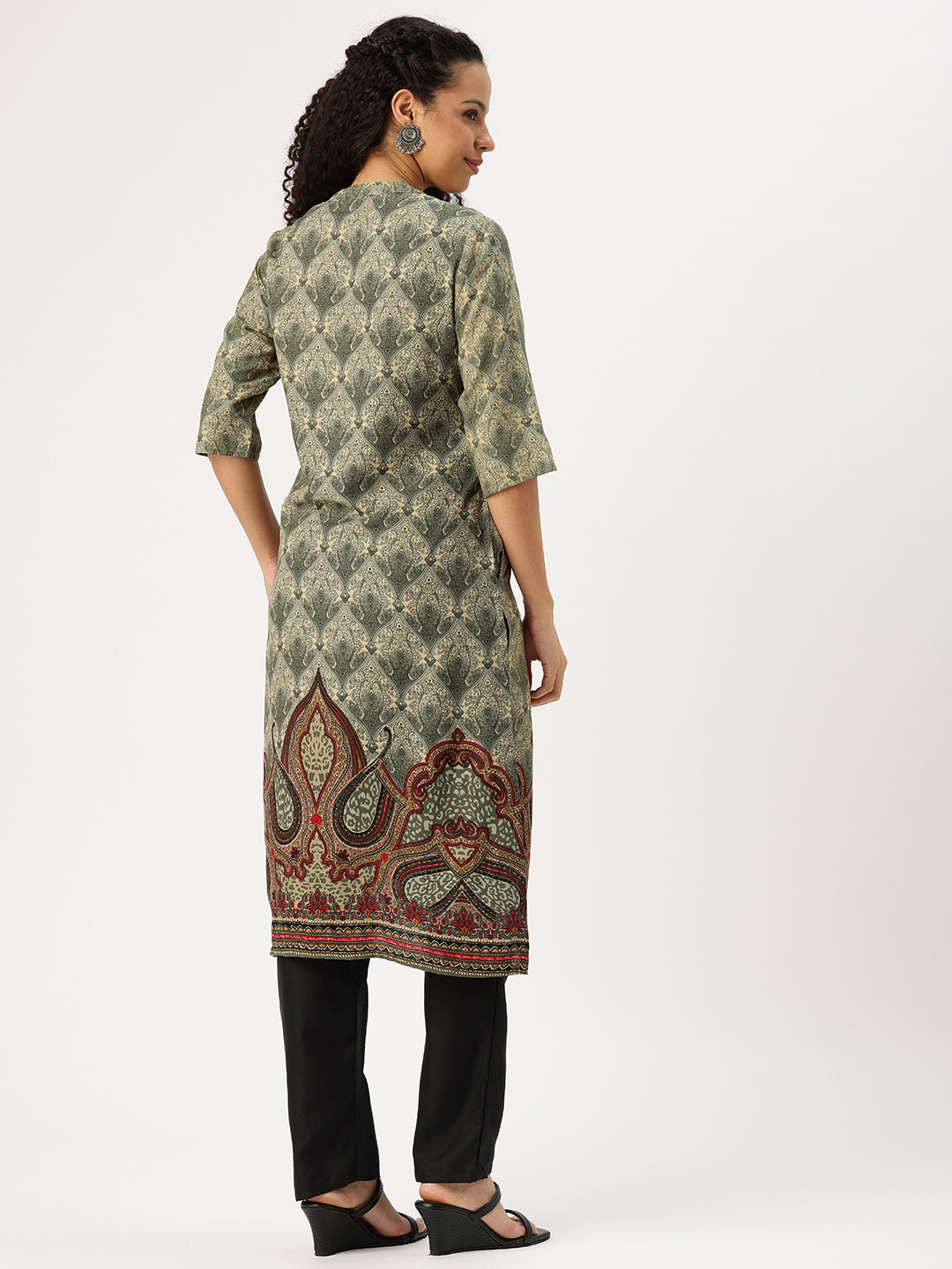 Grey Ethnic Motifs Printed Mandarin Collar Straight Kurta