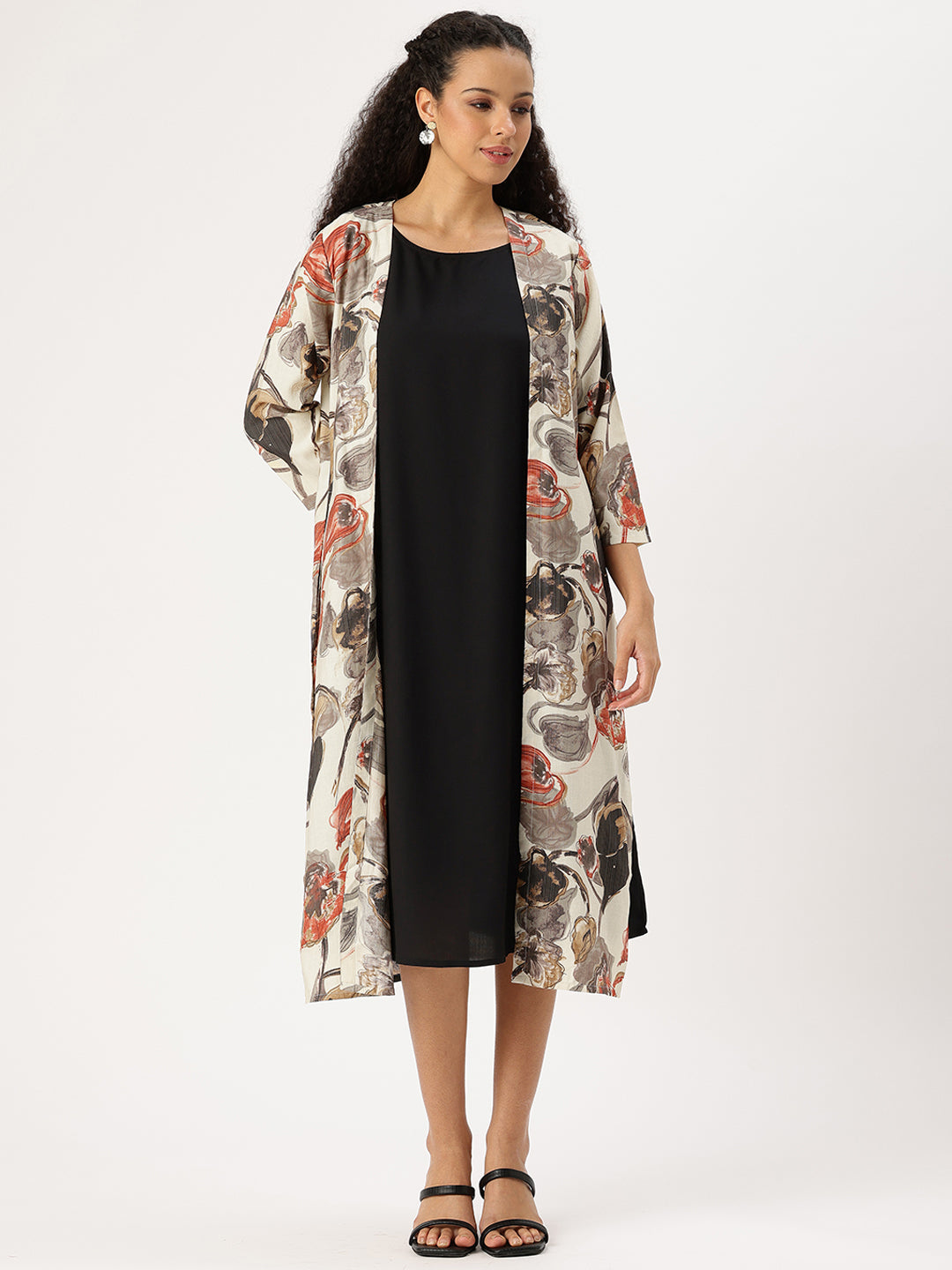 Beige & Black Floral A-line Dress with Shrug