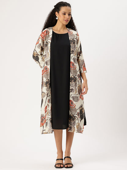 Beige & Black Floral A-line Dress with Shrug