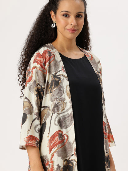 Beige & Black Floral A-line Dress with Shrug