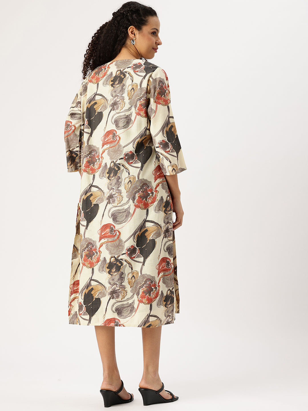 Beige & Black Floral A-line Dress with Shrug