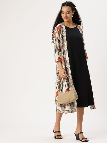 Beige & Black Floral A-line Dress with Shrug