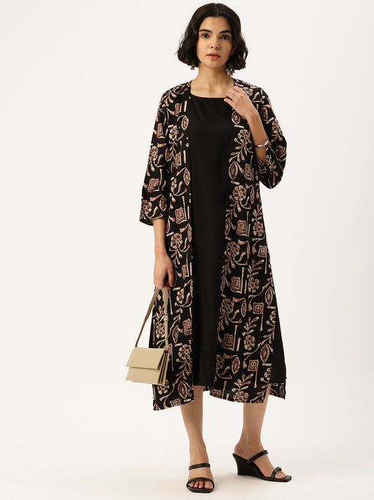 Black Floral Printed Ethnic Dress With Shrug