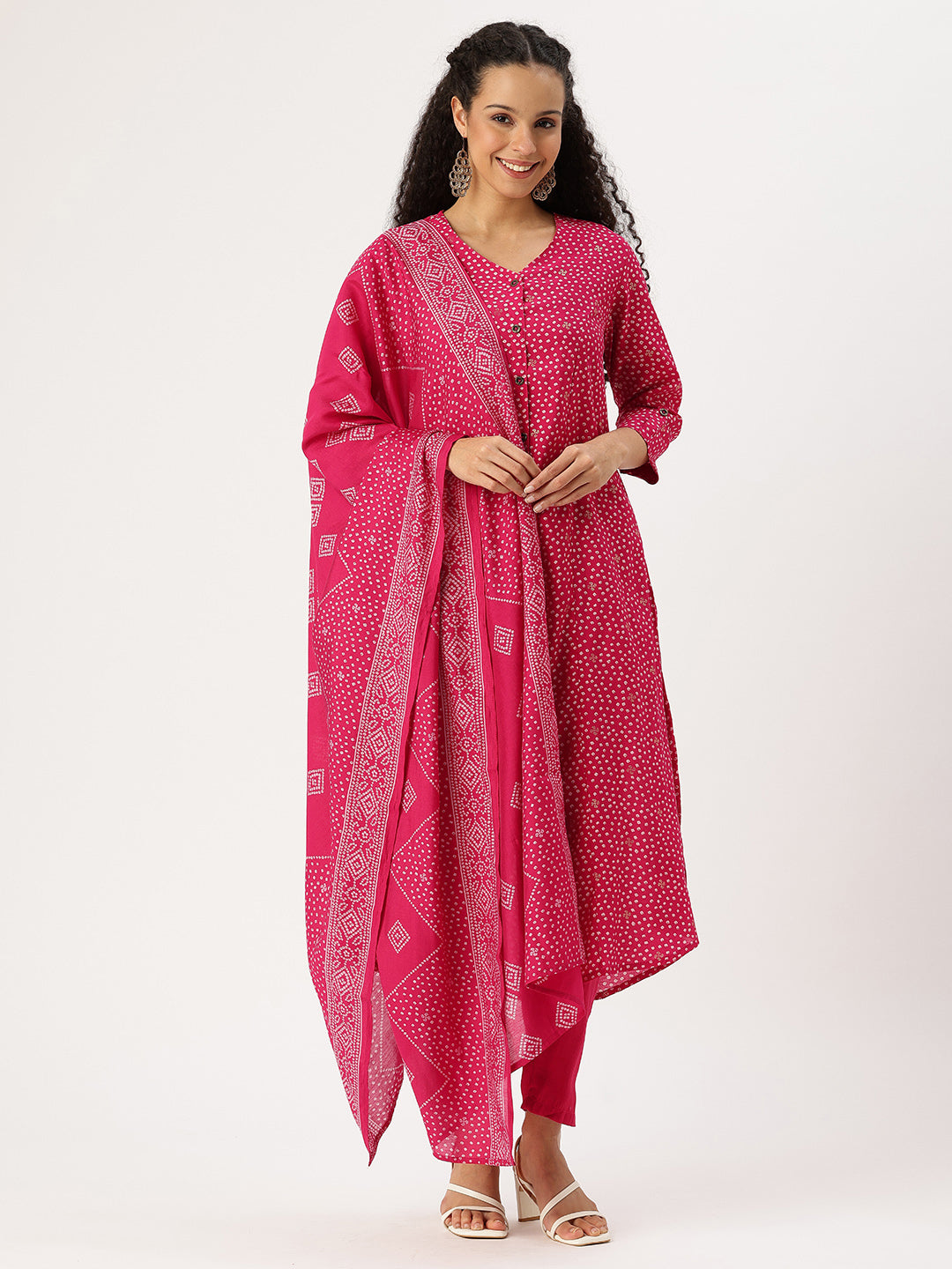 Fuchsia Bandhani Printed Kurta with Trousers & With Dupatta