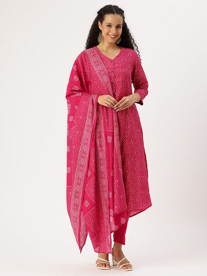 Fuchsia Bandhani Printed Kurta with Trousers & With Dupatta