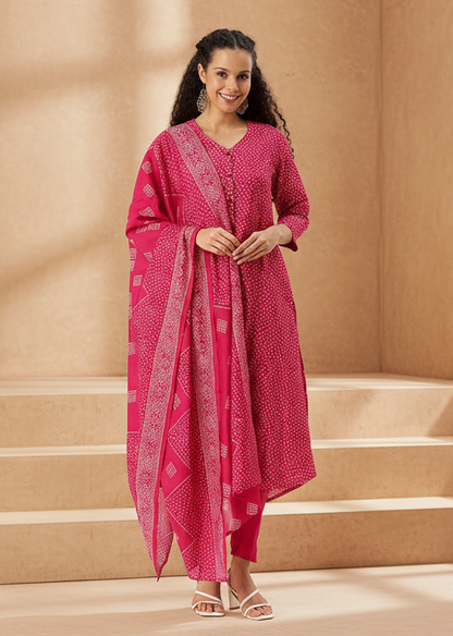 Fuchsia Bandhani Printed Kurta with Trousers & With Dupatta