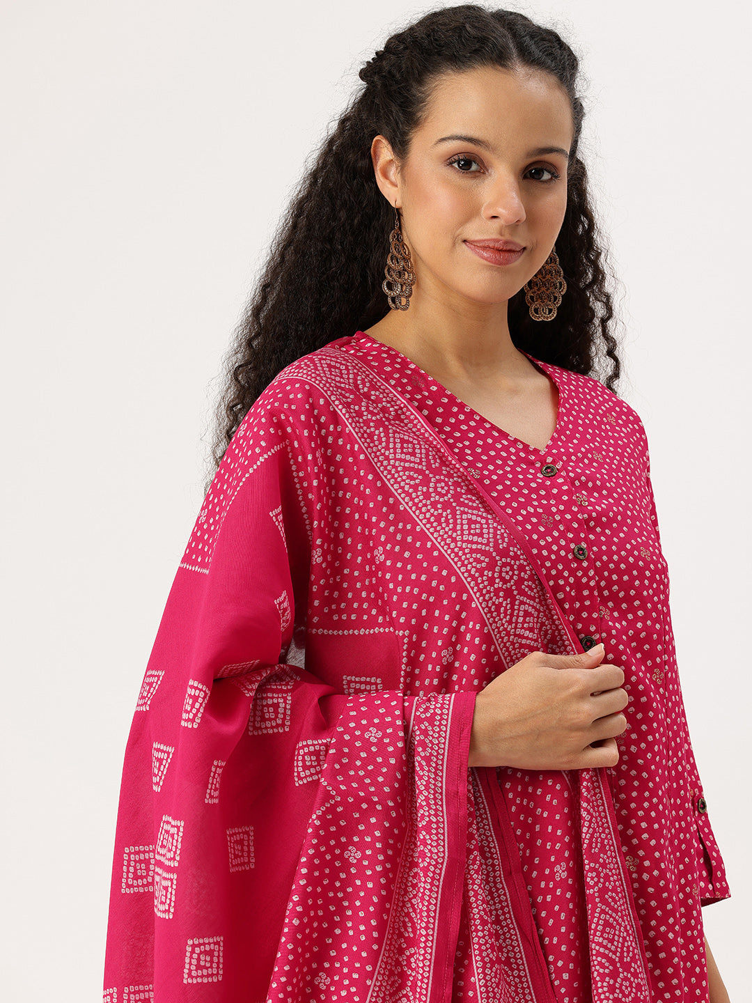 Fuchsia Bandhani Printed Kurta with Trousers & With Dupatta