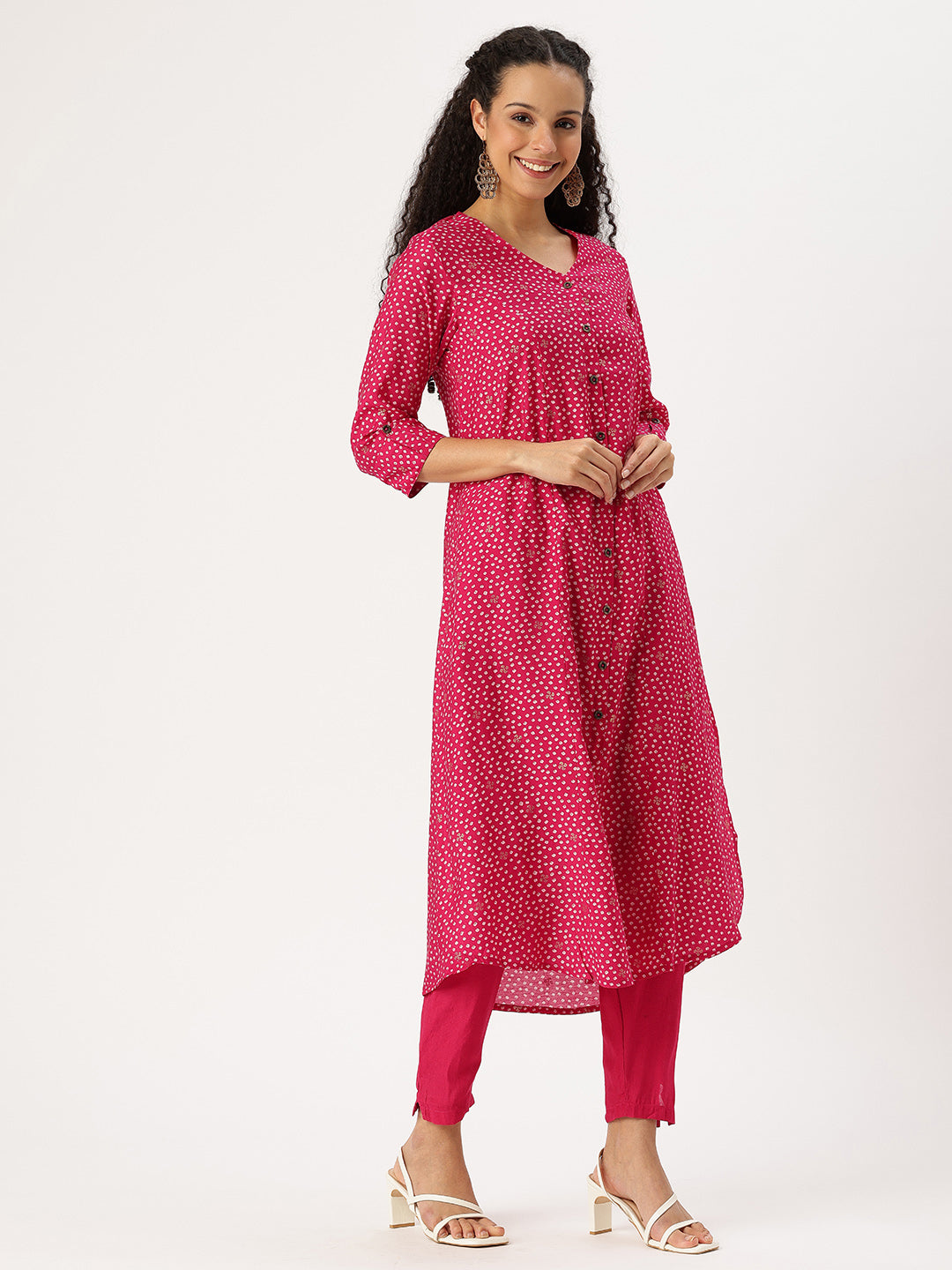 Fuchsia Bandhani Printed Kurta with Trousers & With Dupatta