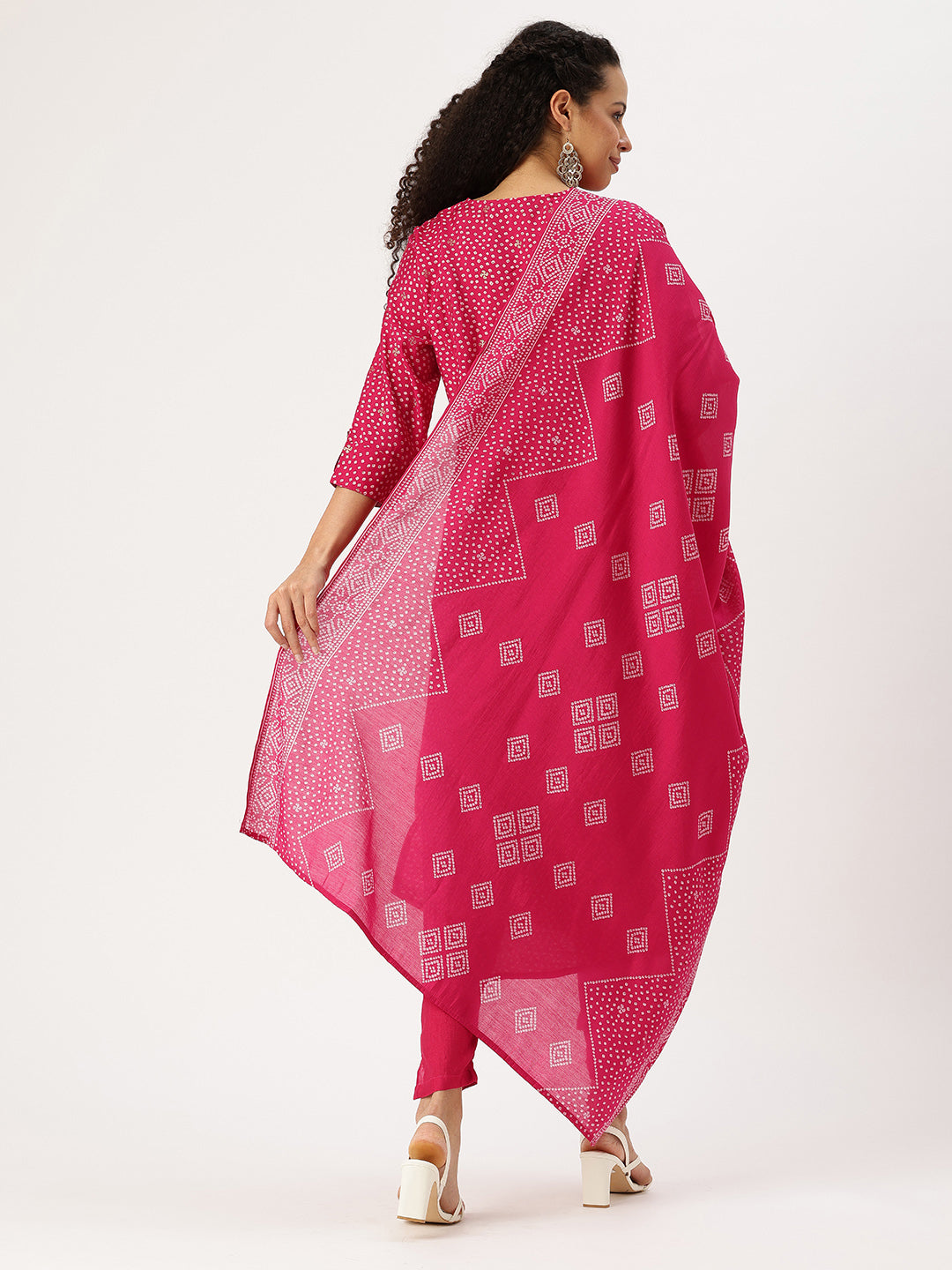 Fuchsia Bandhani Printed Kurta with Trousers & With Dupatta