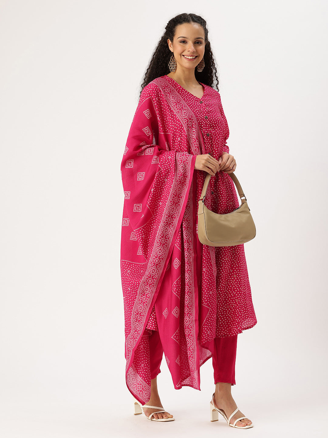 Fuchsia Bandhani Printed Kurta with Trousers & With Dupatta