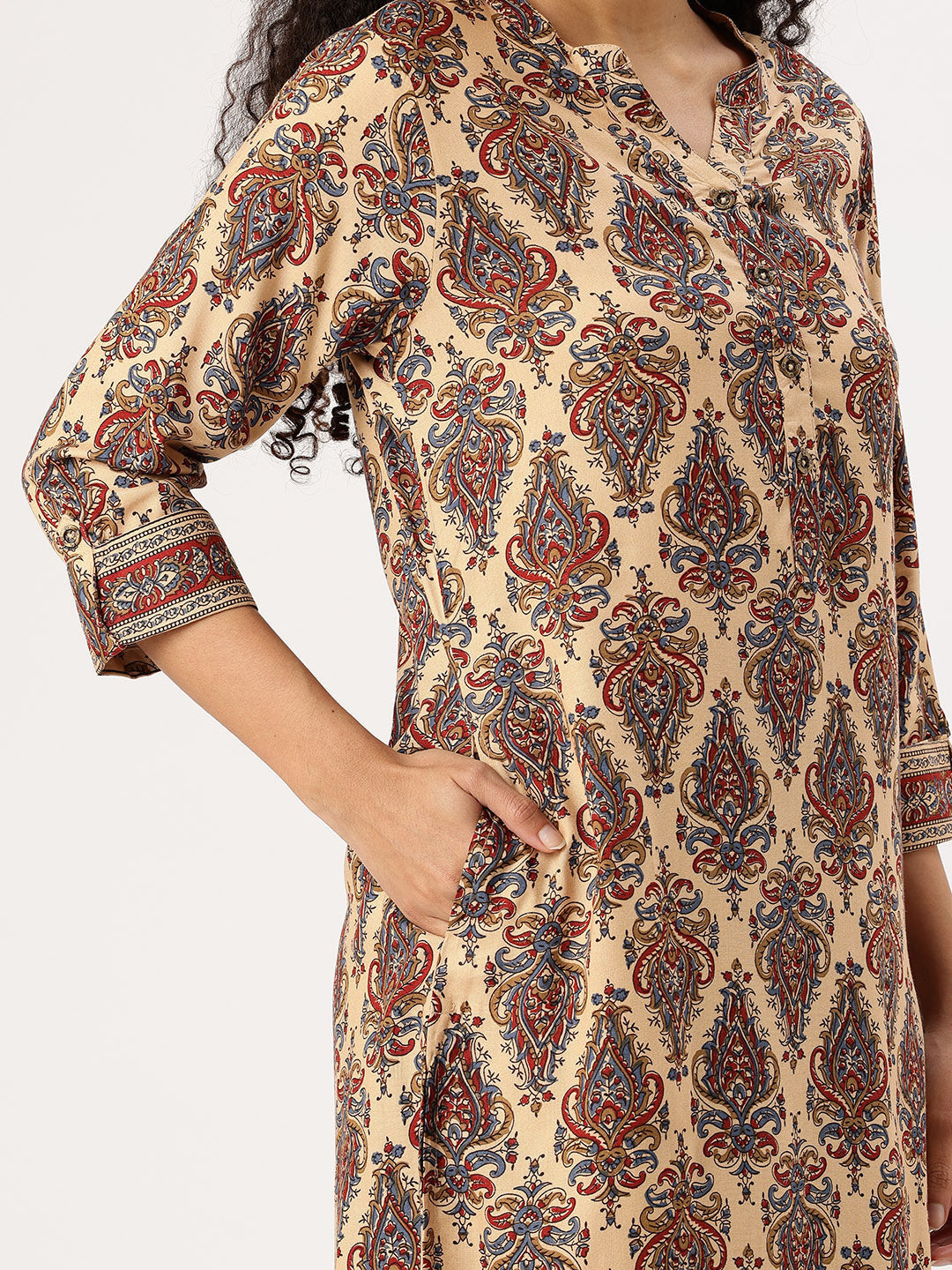Beige Printed Straight Kurta