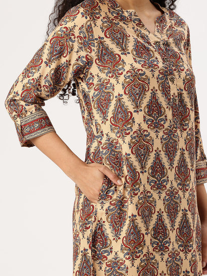 Beige Printed Straight Kurta