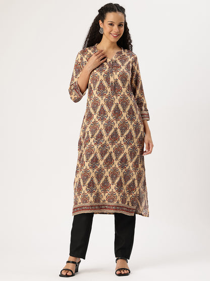 Beige Printed Straight Kurta