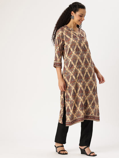 Beige Printed Straight Kurta