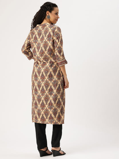 Beige Printed Straight Kurta
