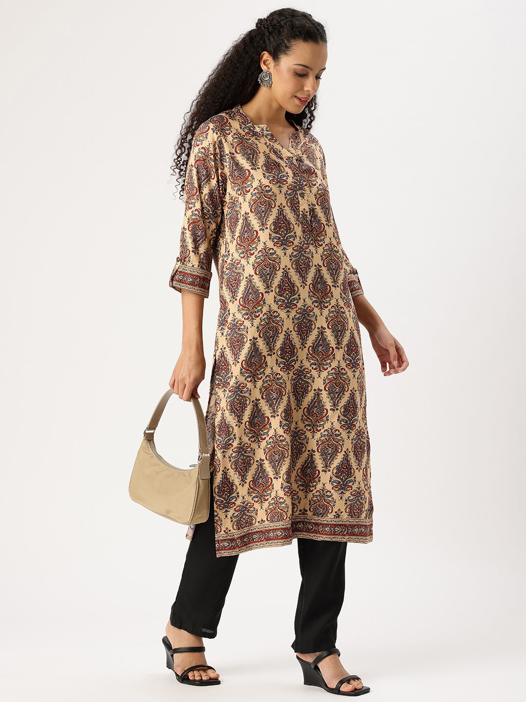 Beige Printed Straight Kurta