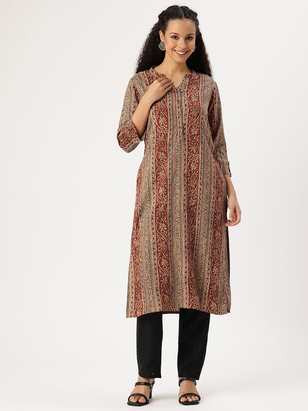 Red Striped Printed Straight Kurta