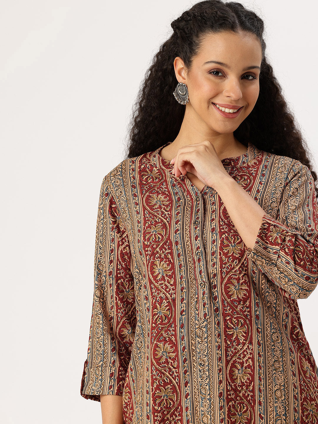 Red Striped Printed Straight Kurta