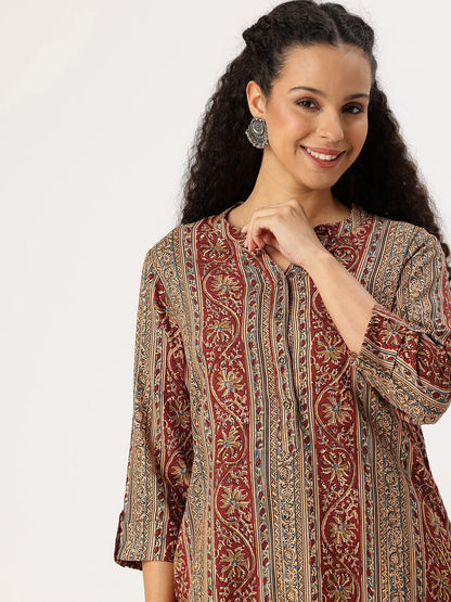 Red Striped Printed Straight Kurta