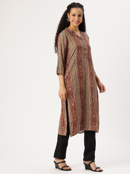 Red Striped Printed Straight Kurta
