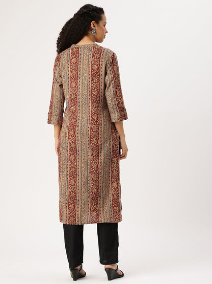 Red Striped Printed Straight Kurta