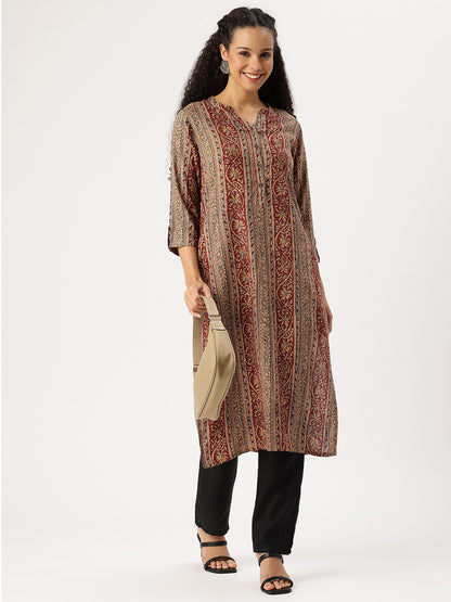 Red Striped Printed Straight Kurta