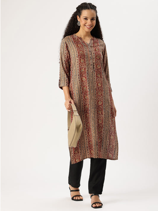 Red Striped Printed Straight Kurta