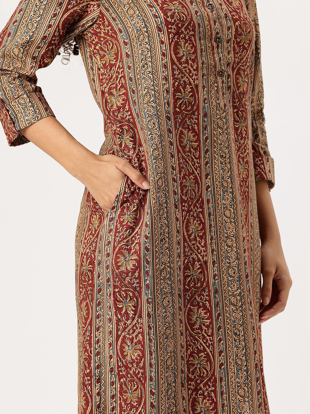 Red Striped Printed Straight Kurta