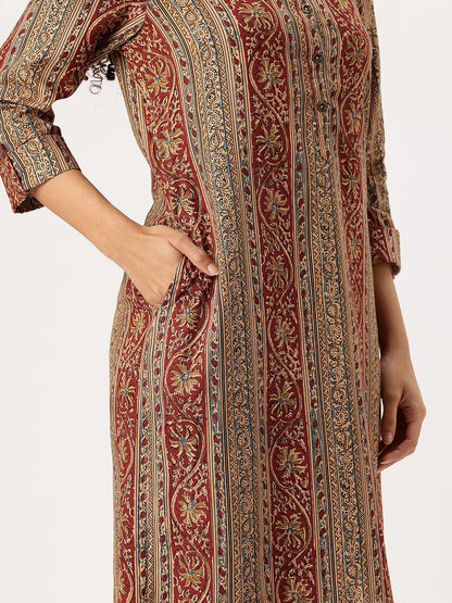 Red Striped Printed Straight Kurta