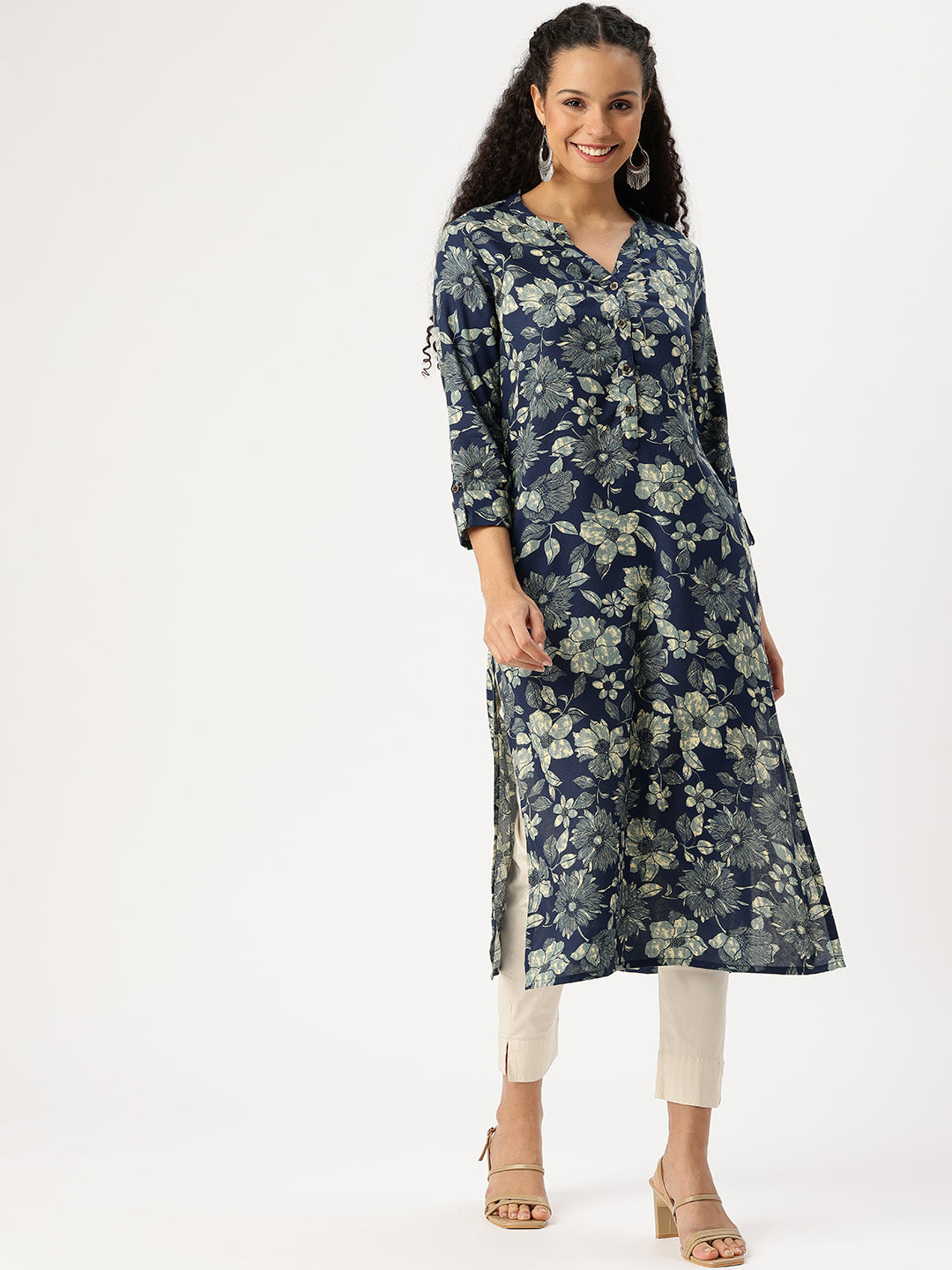 Blue Floral Printed Straight Kurta