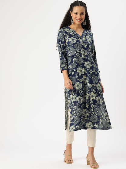 Blue Floral Printed Straight Kurta