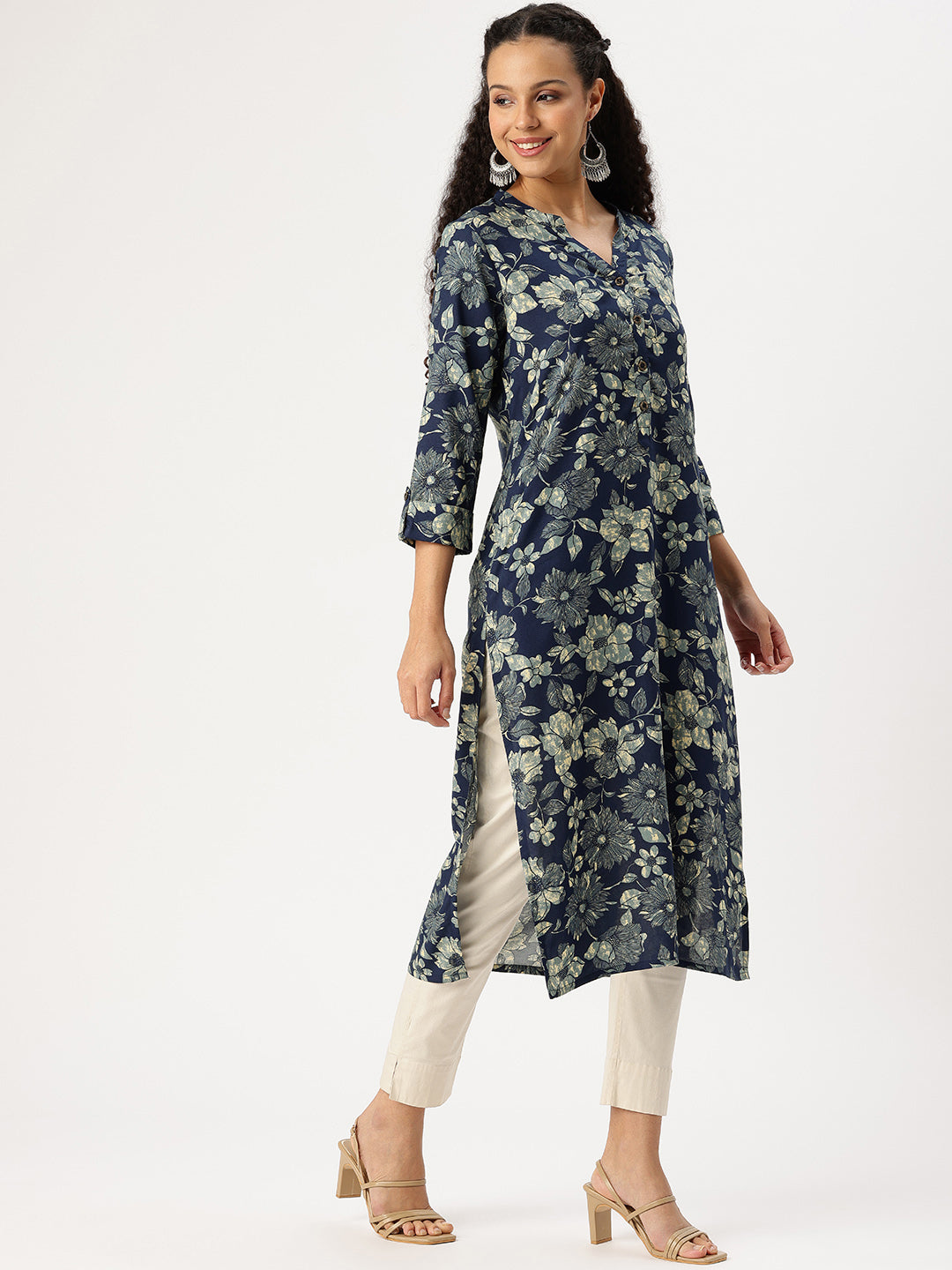 Blue Floral Printed Straight Kurta