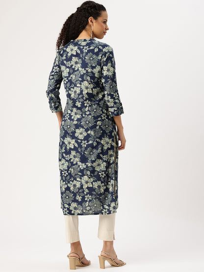 Blue Floral Printed Straight Kurta