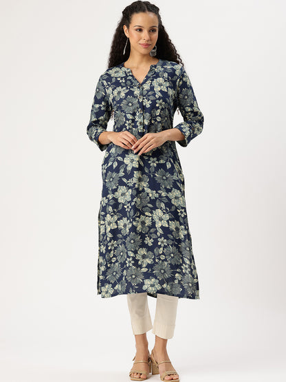 Blue Floral Printed Straight Kurta
