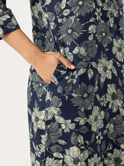 Blue Floral Printed Straight Kurta