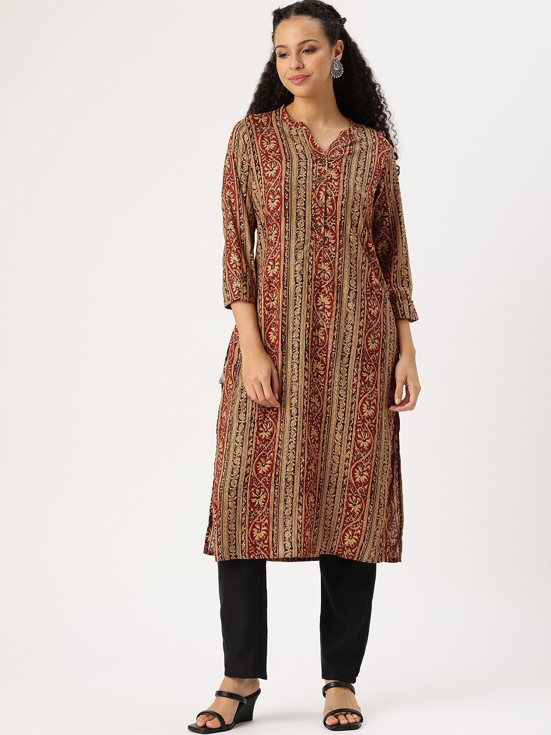 Brown Striped Printed Straight Kurta