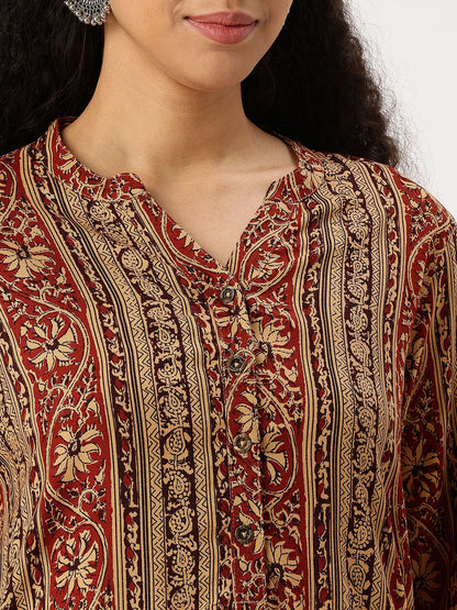 Brown Striped Printed Straight Kurta