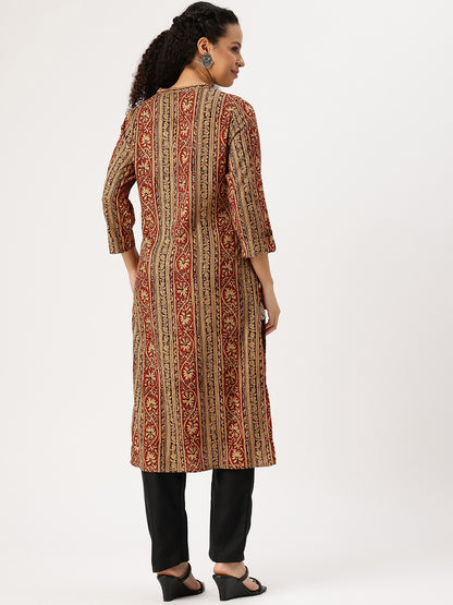 Brown Striped Printed Straight Kurta
