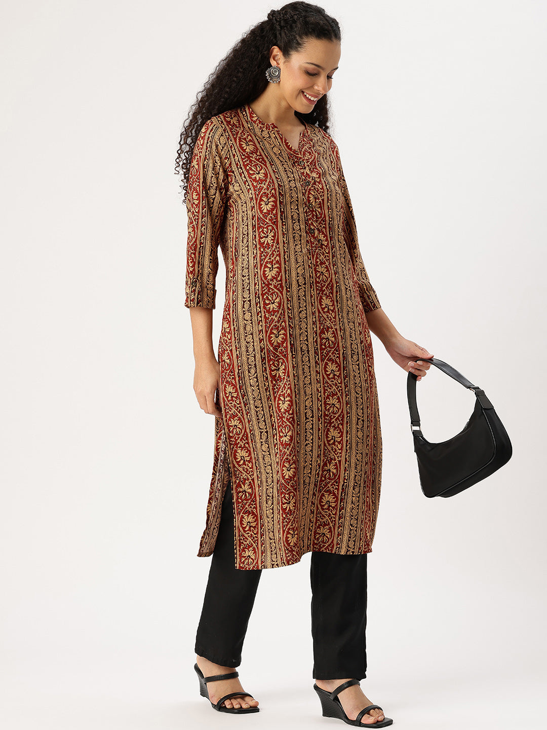Brown Striped Printed Straight Kurta