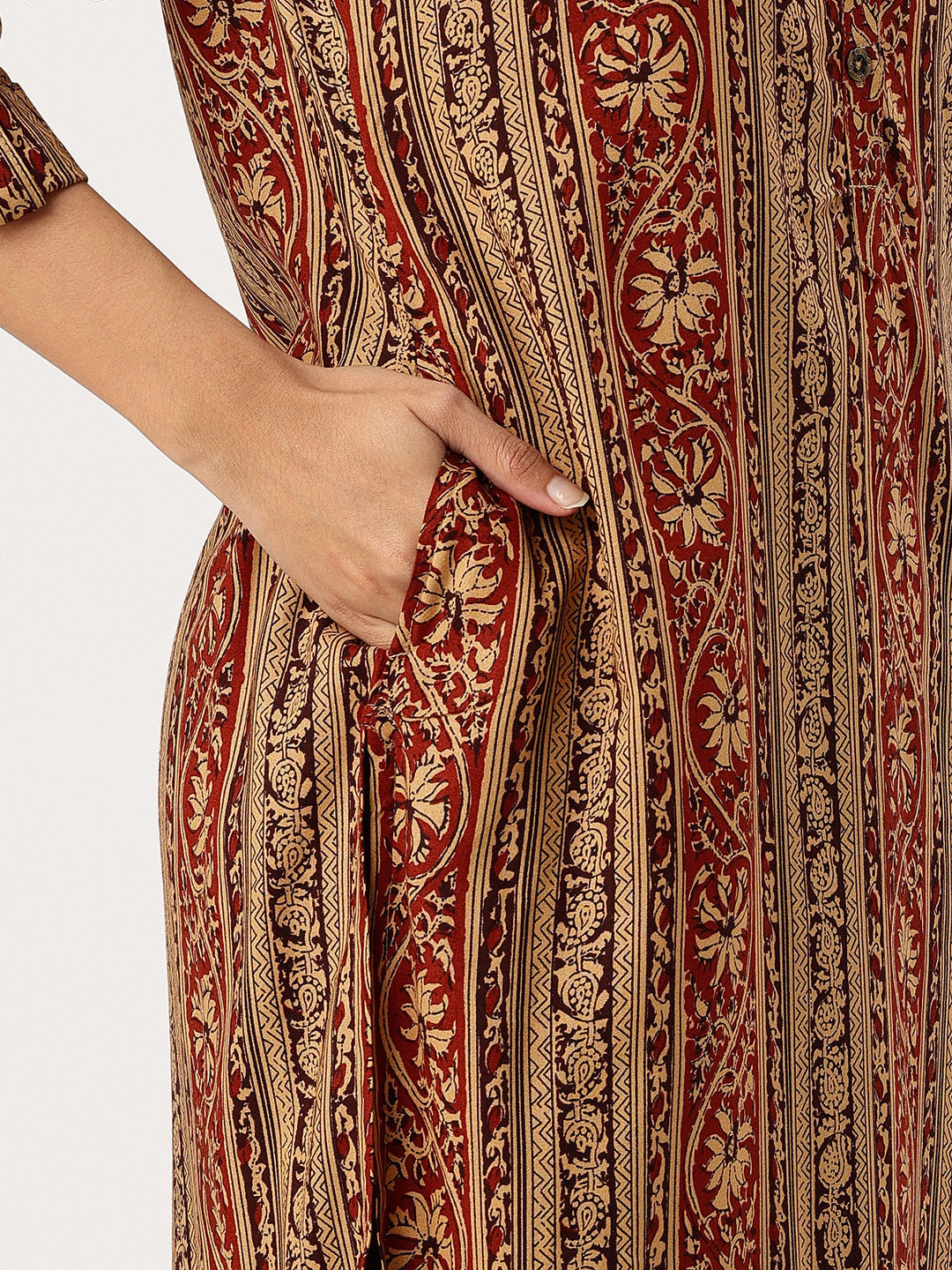 Brown Striped Printed Straight Kurta