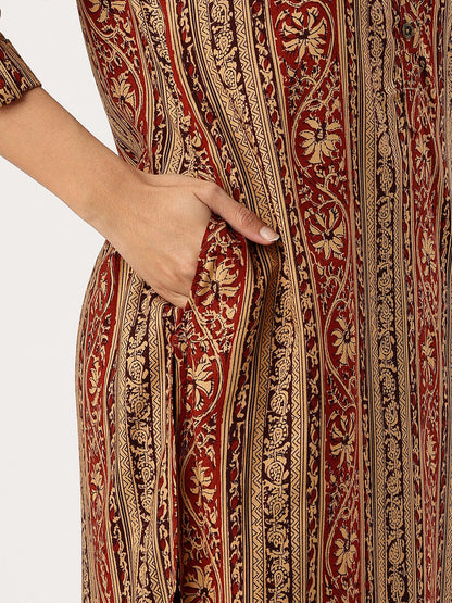 Brown Striped Printed Straight Kurta