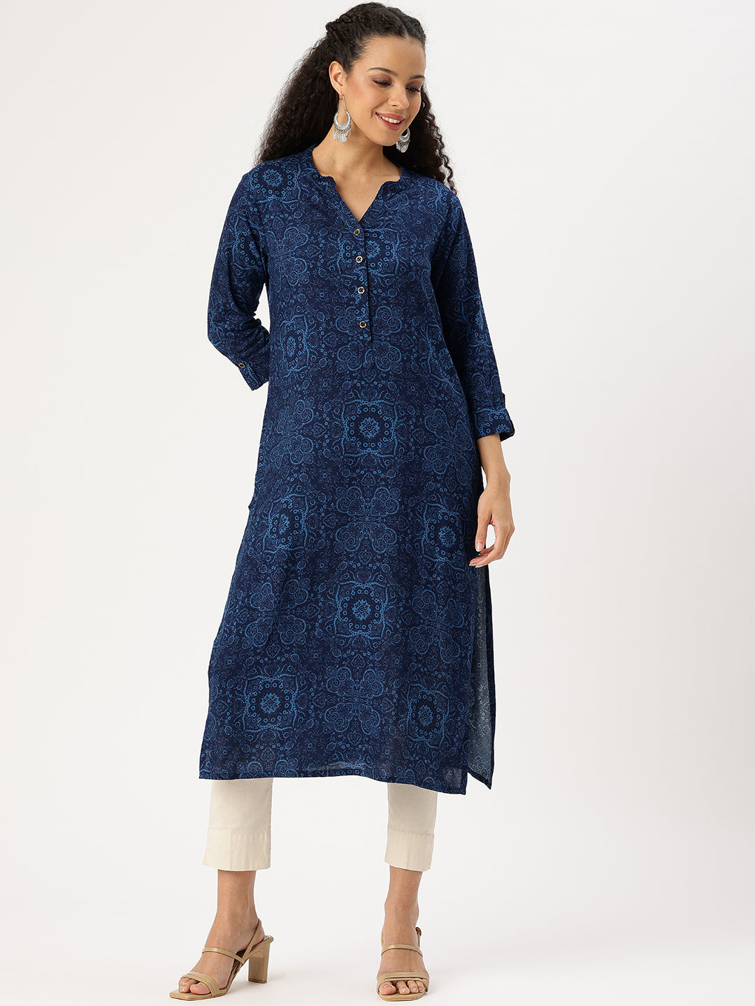 Blue Floral Printed Straight Kurta