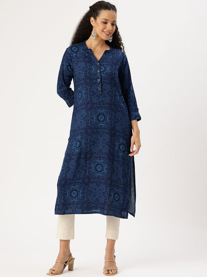 Blue Floral Printed Straight Kurta