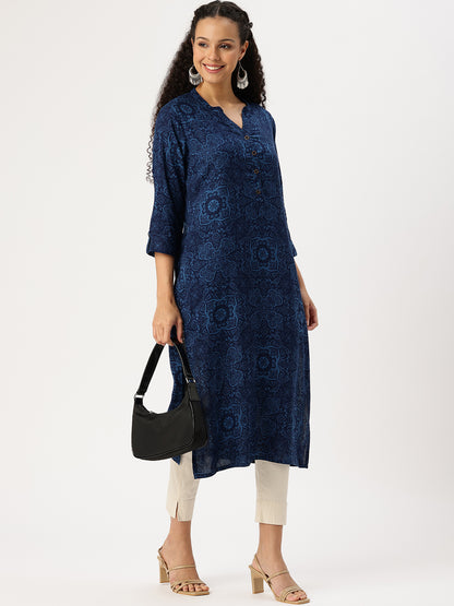 Blue Floral Printed Straight Kurta