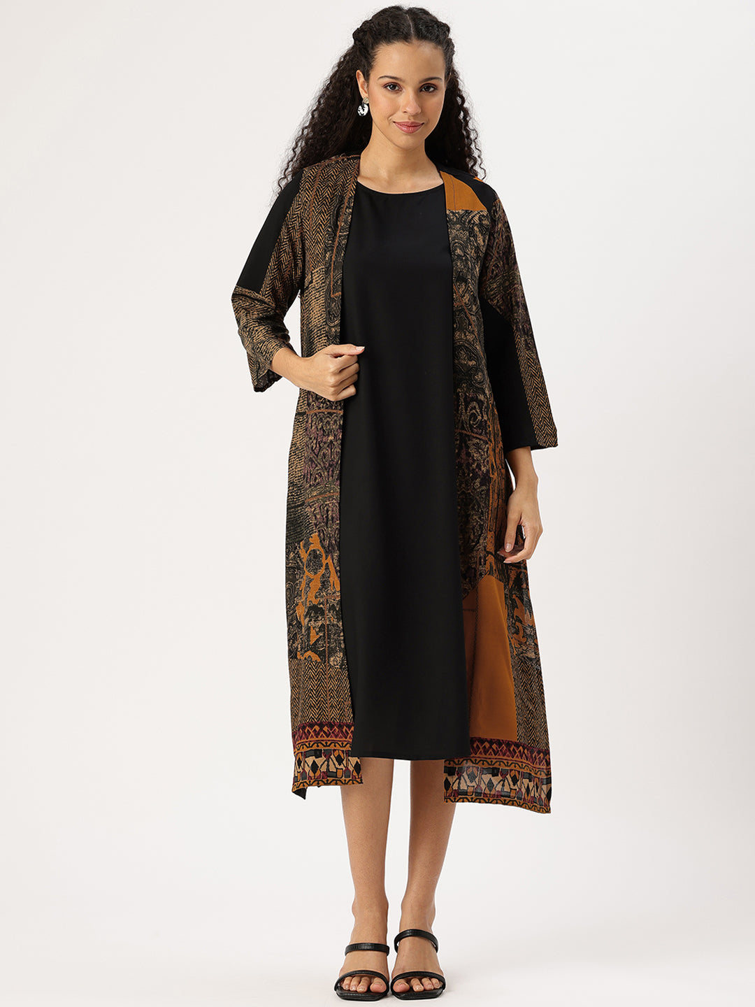 Yellow & Black Round Neck A-Line Midi Dress With Shrug