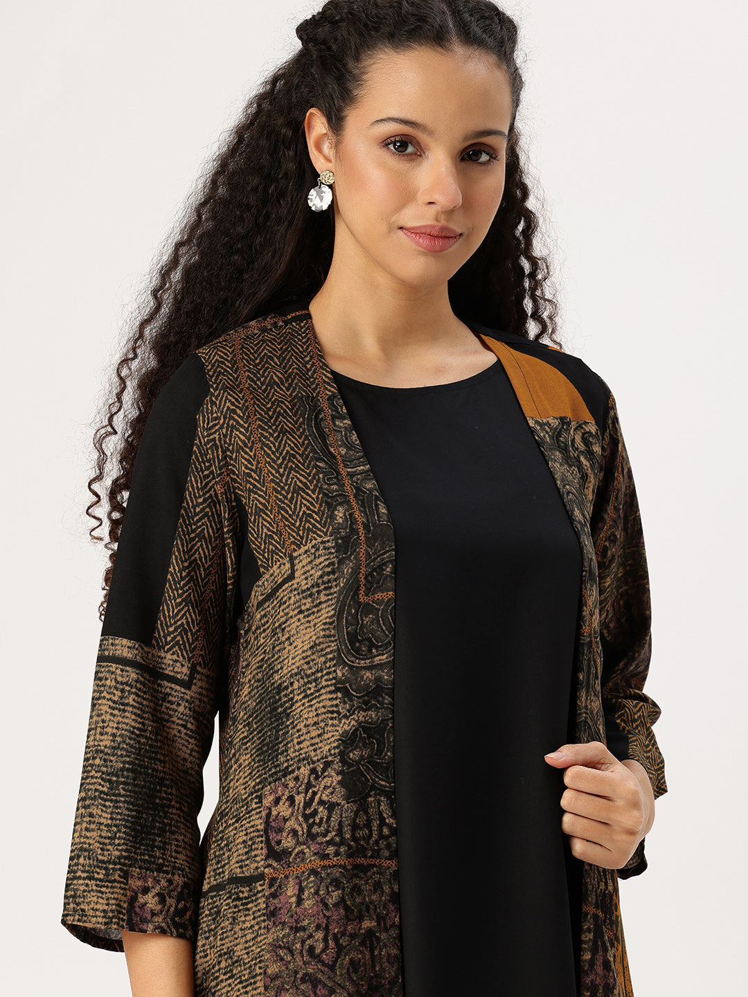 Yellow & Black Round Neck A-Line Midi Dress With Shrug