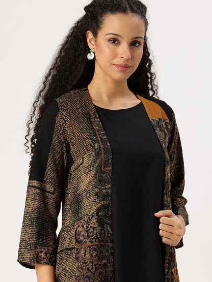 Yellow & Black Round Neck A-Line Midi Dress With Shrug