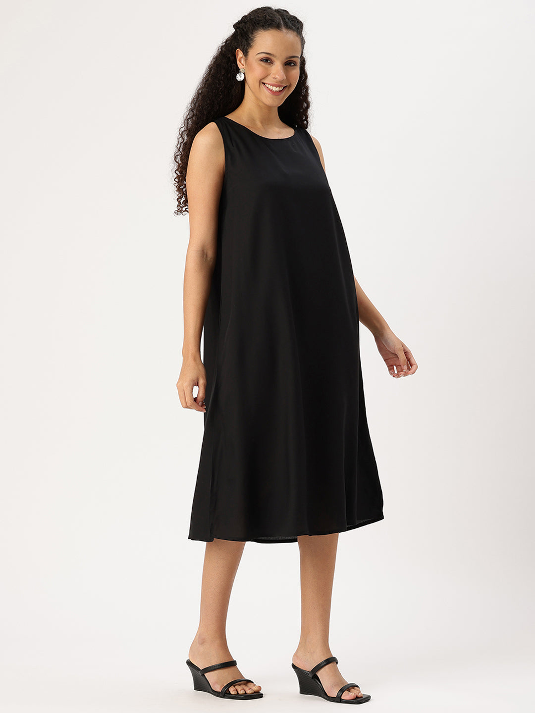 Yellow & Black Round Neck A-Line Midi Dress With Shrug